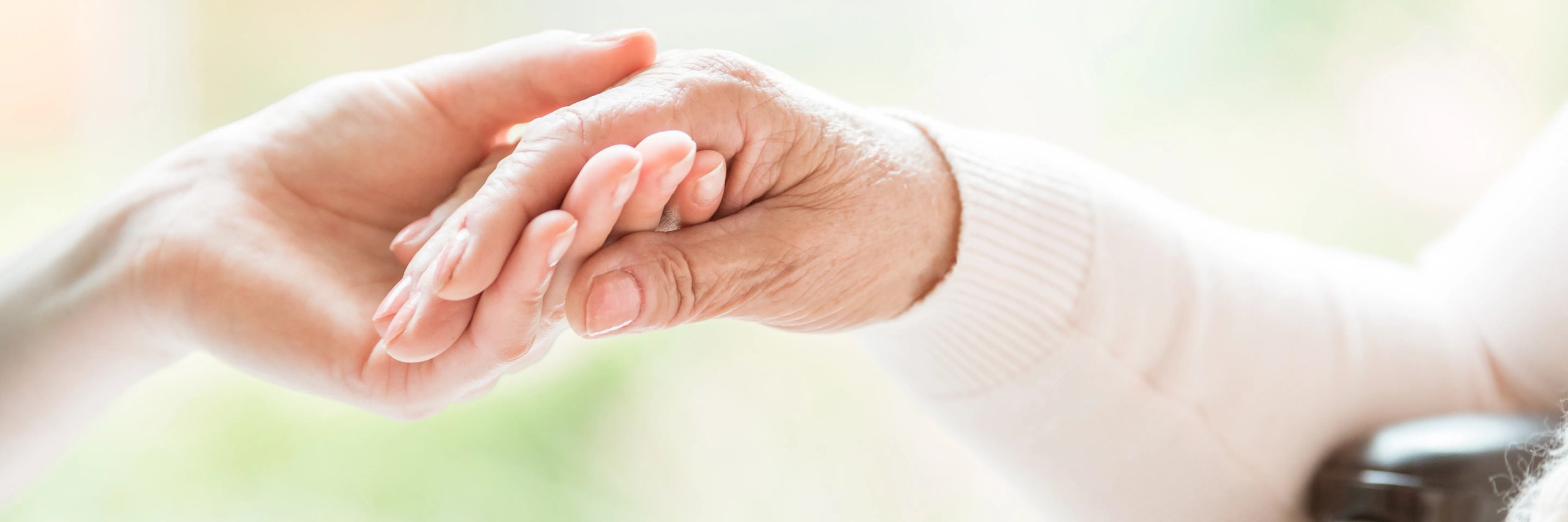 Care worker holding aged persons hand