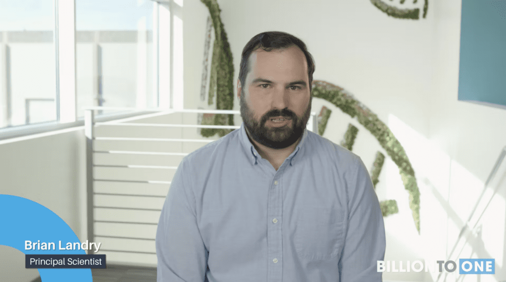 Screenshot from the video. Brian is talking about BillionToOne.