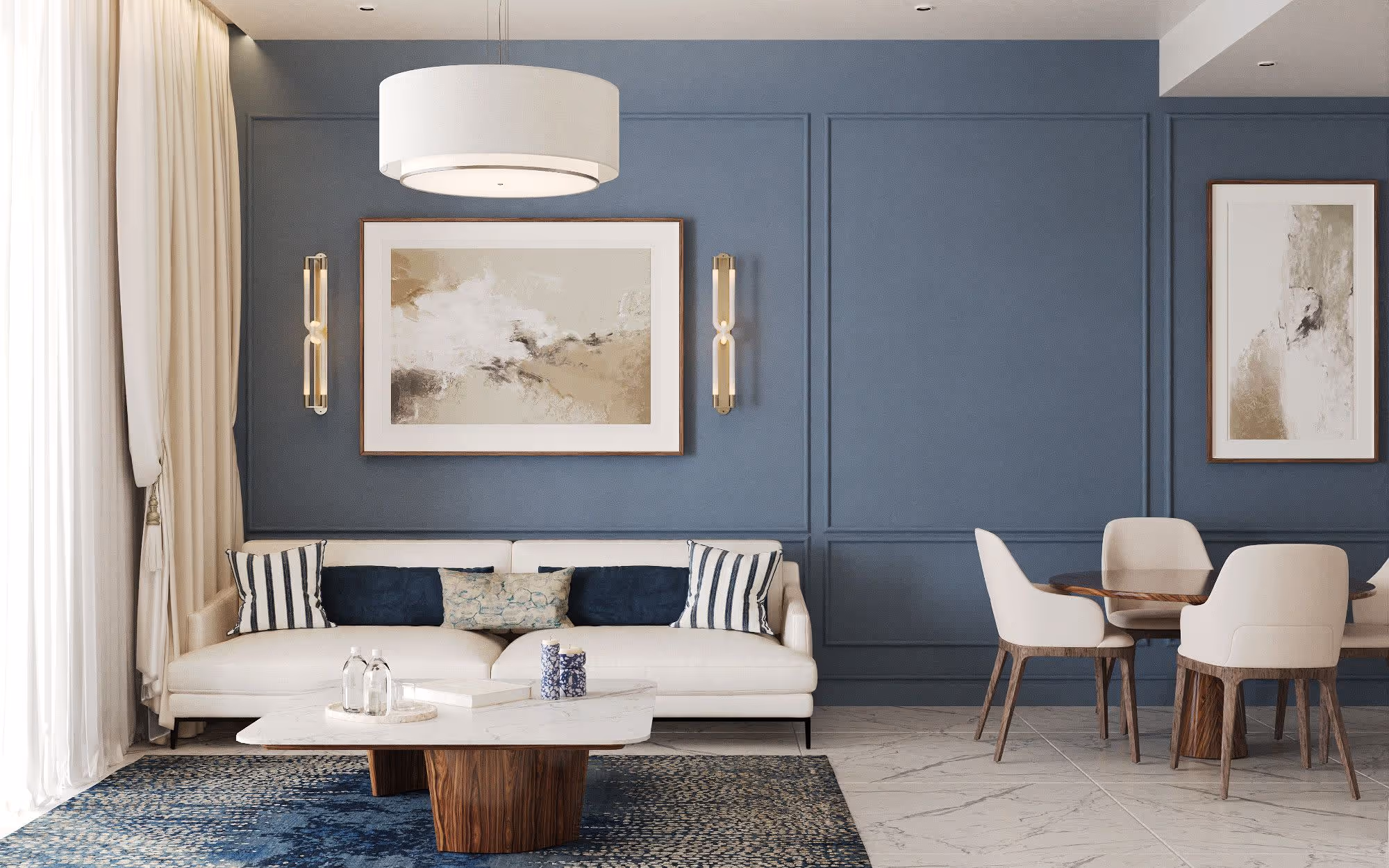 Elegant Porta Rai living room with blue accent wall, modern sofa, and dining area.