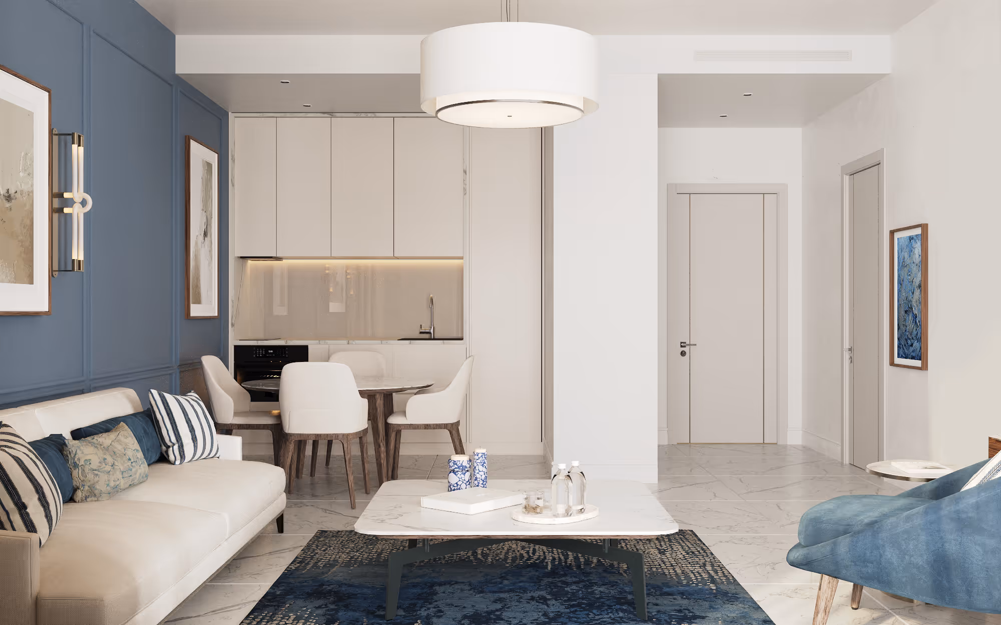 Modern open-plan Porta Rai interior with dining table, kitchen, and lounge area.