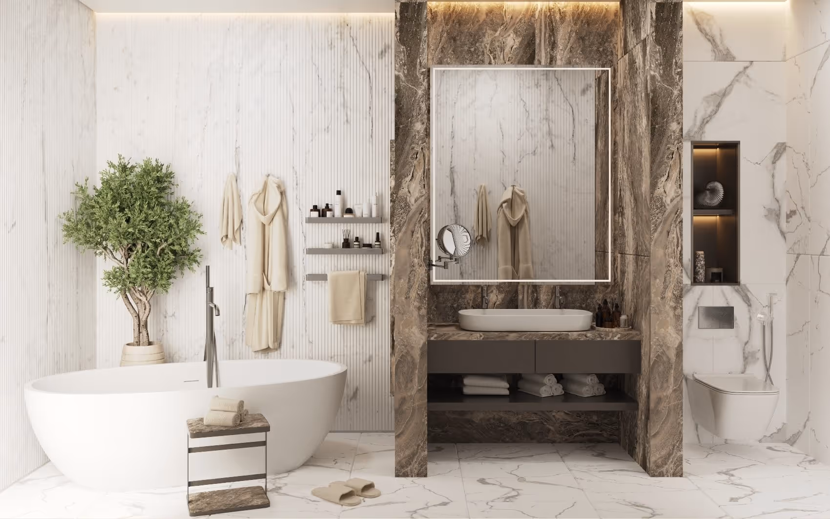 Modern Porta Rai bathroom with marble finishes, freestanding bathtub, and luxury amenities.