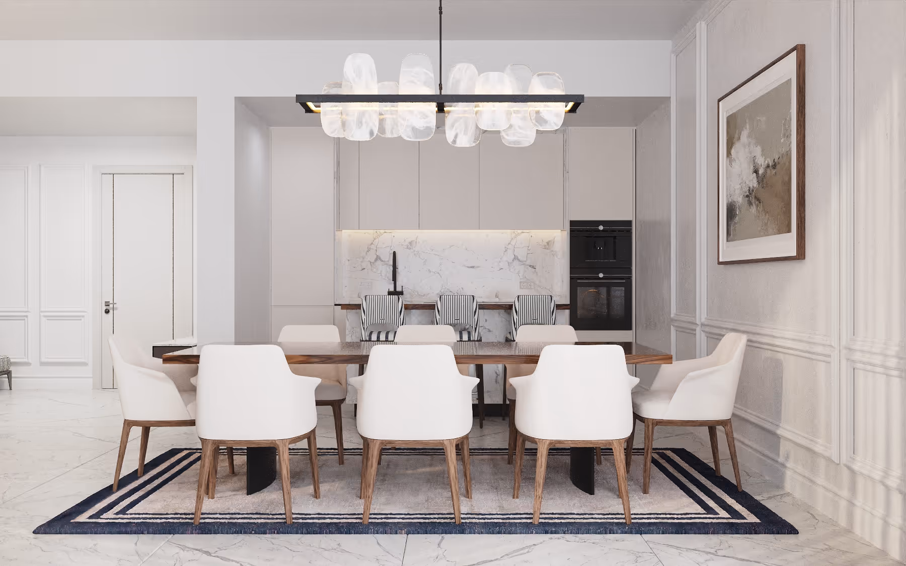 Elegant Porta Rai dining room with marble finishes, modern chandelier, and seating for eight.