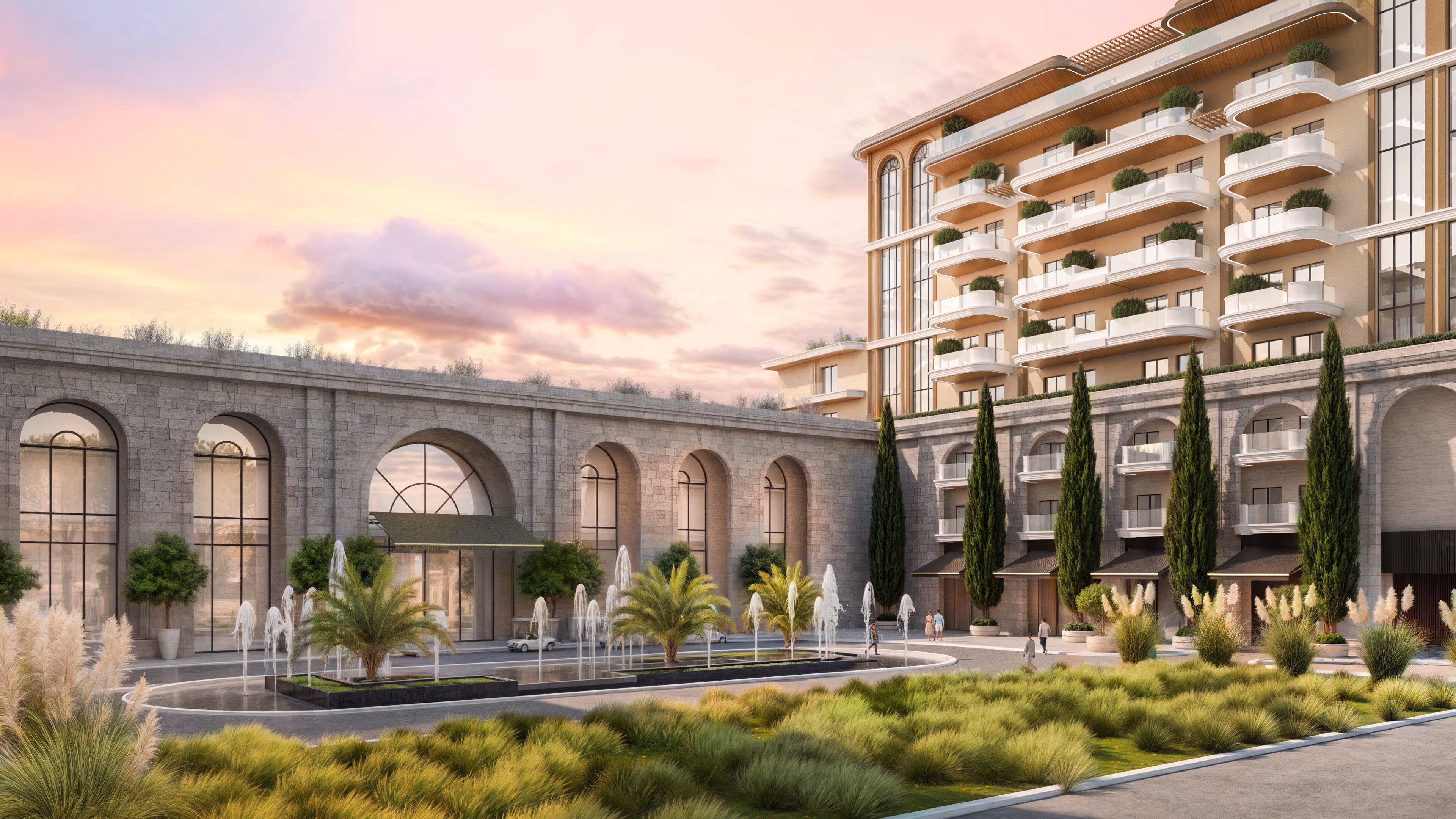 Render of Porta Rai residence entrance with landscaped gardens, fountains, and sunset sky — used as background for contact form section
