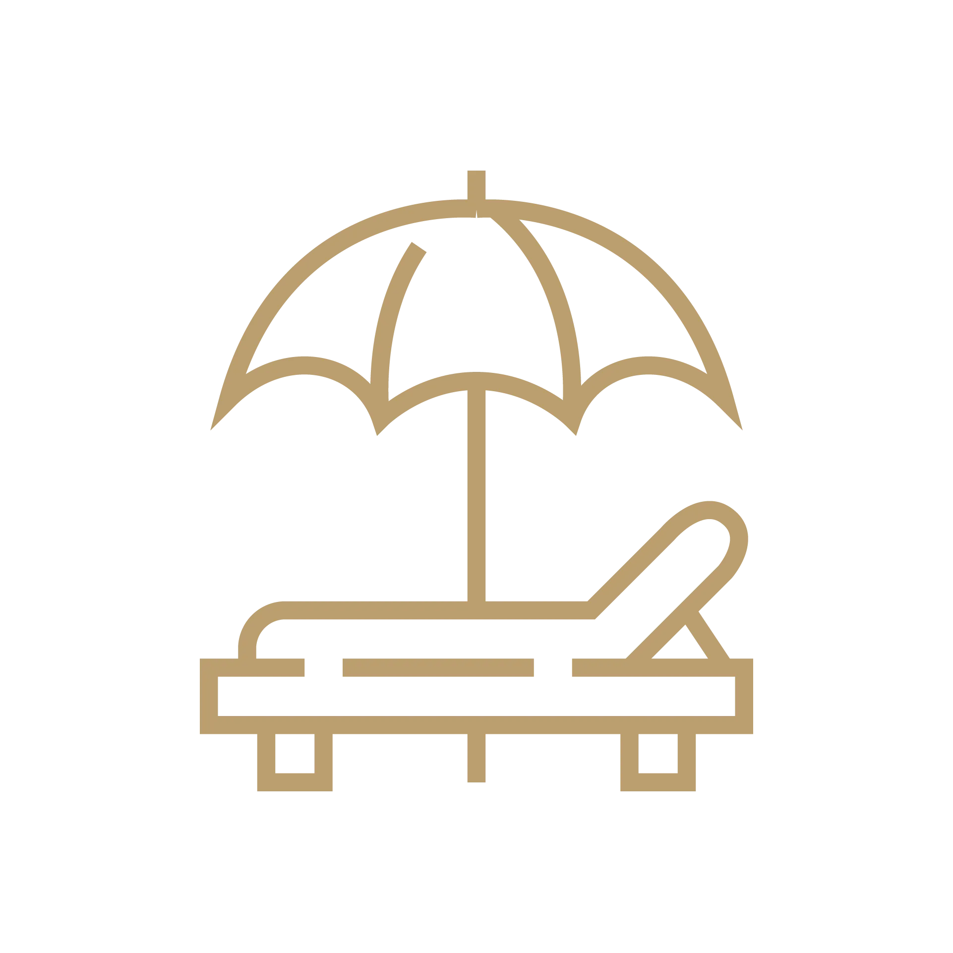 Gold icon of a sunbed with an umbrella, representing direct beach access and relaxation.