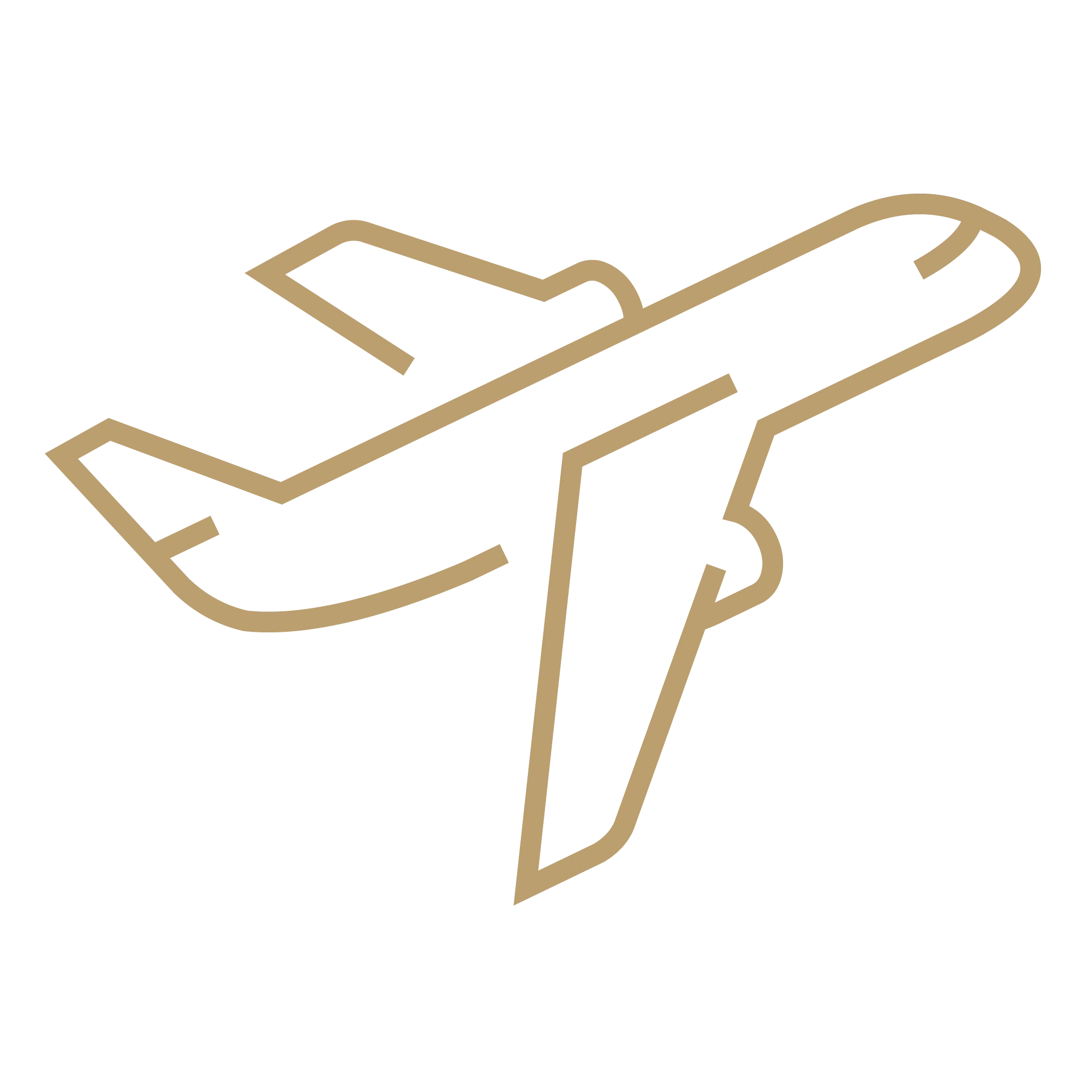 Gold outline icon of an airplane representing nearby airport access.