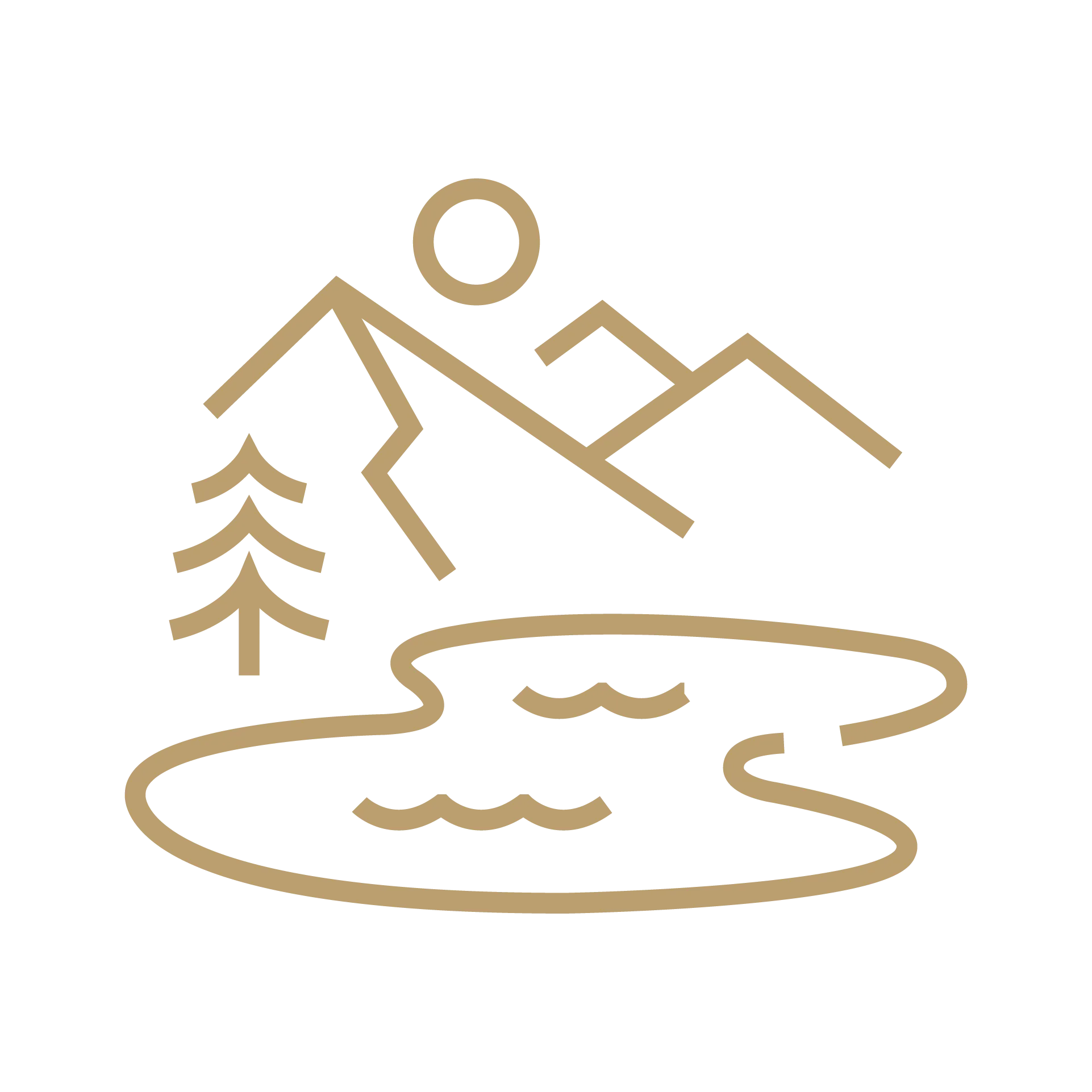 Gold pictogram of a lake, mountain, and pine tree, representing nearby national parks and nature escapes.