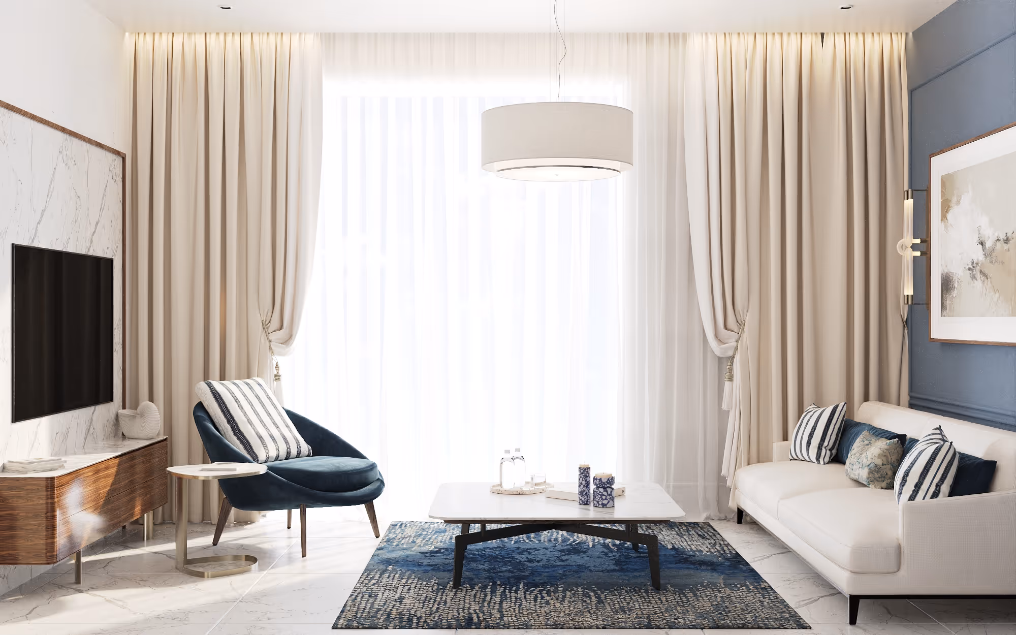 Elegant living room interior at Porta Rai with modern furniture, soft lighting, and blue-toned decor