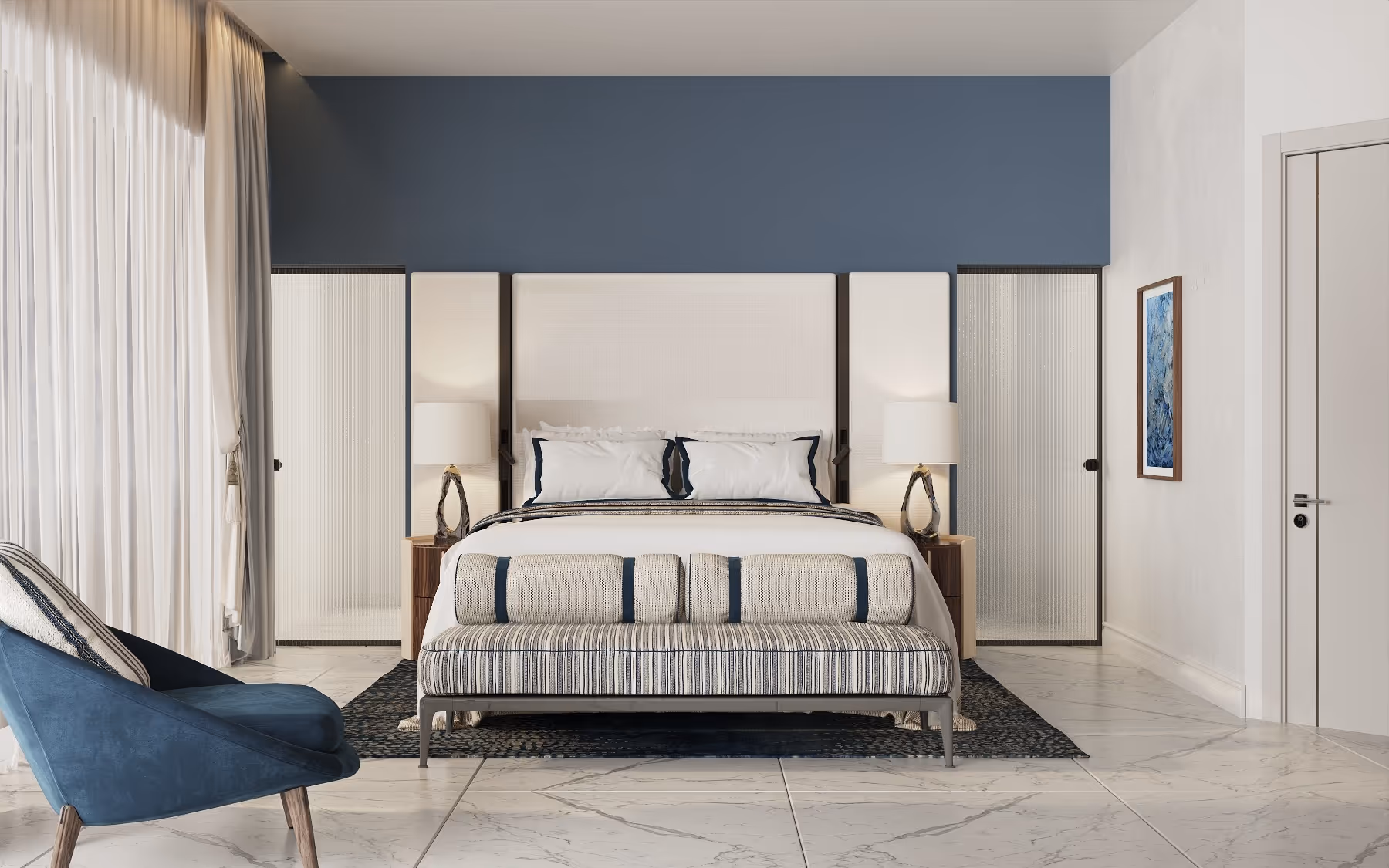 Modern bedroom at Porta Rai with blue accent wall, striped decor, and warm natural light.