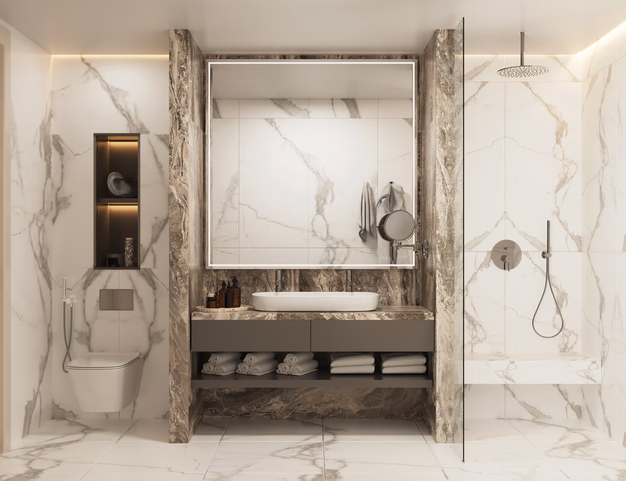 Luxury bathroom with marble walls, rainfall shower, and backlit mirror inside Porta Rai residences.