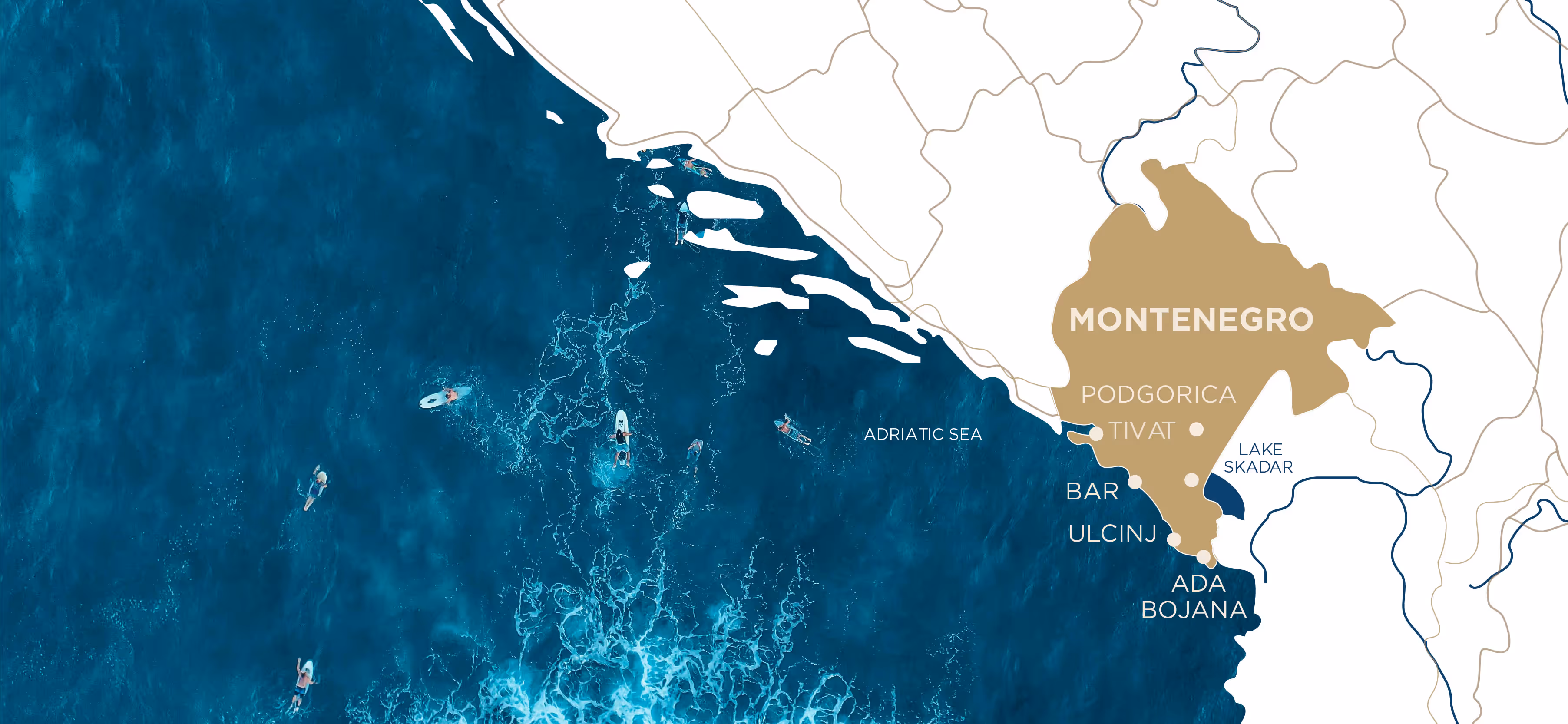 Map of Montenegro highlighting the coastal cities of Bar, Ulcinj, and Ada Bojana along the Adriatic Sea, showing the country’s position within the Balkans.