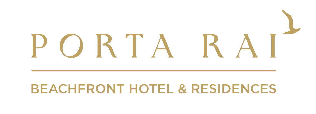 Gold Porta Rai logo with text “Porta Rai Beachfront Hotel & Residences” and a seagull graphic.