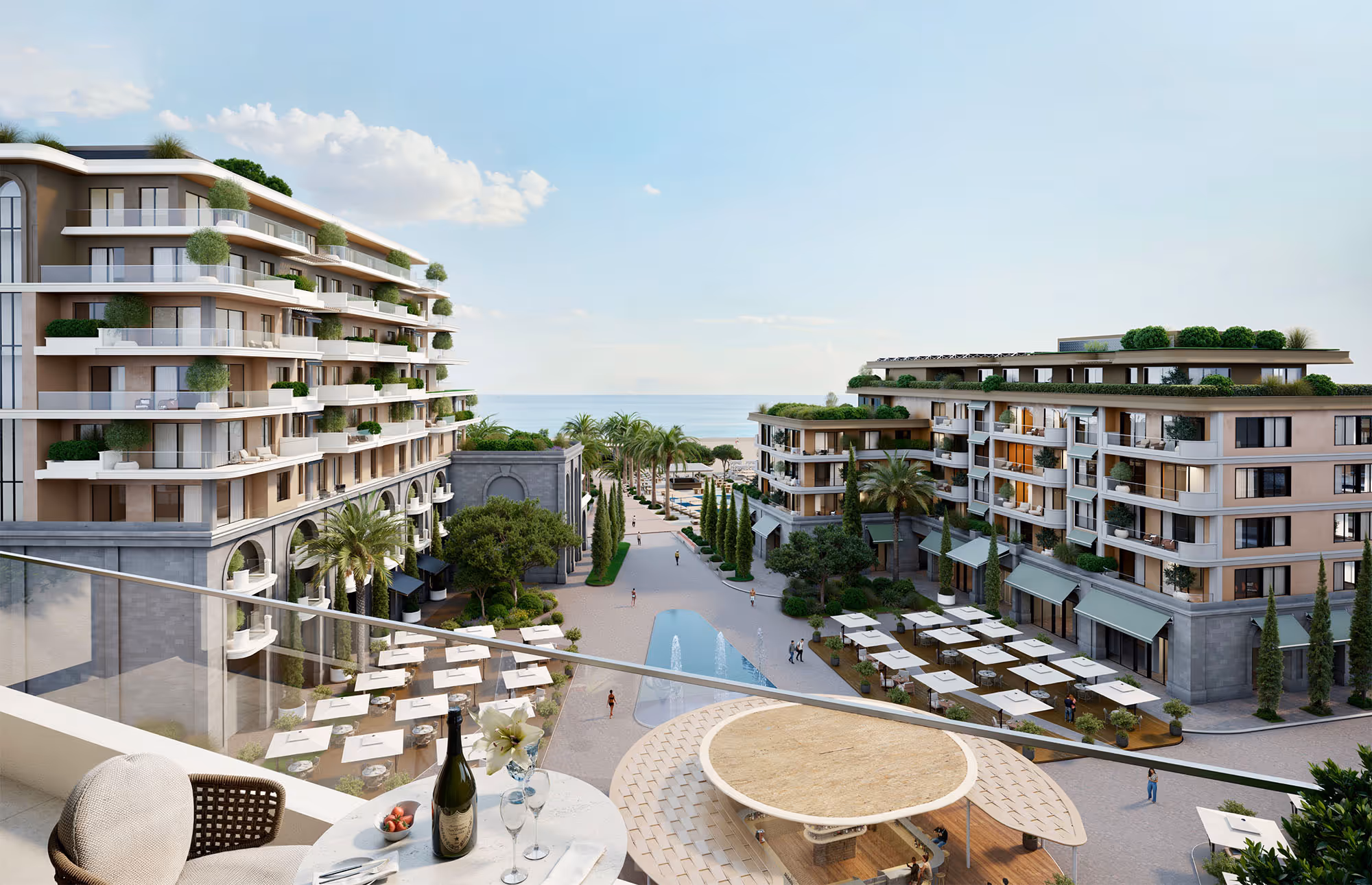 Porta Rai apartment balcony with pool and sea view