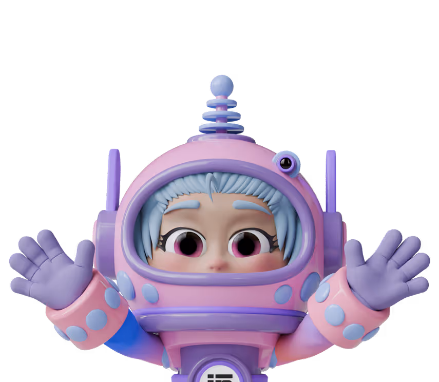 3D cartoon character with blue hair wearing a pink and purple spacesuit with arms raised.