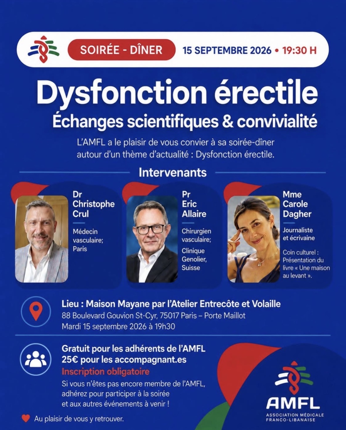 AMFL poster for the event in Paris on 15 September 2026, announcing presentations by Dr Christophe Crul and Professor Éric Allaire and a cultural session with Carole Dagher.