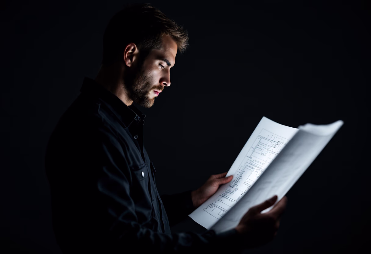 image of plumber reading a blueprint