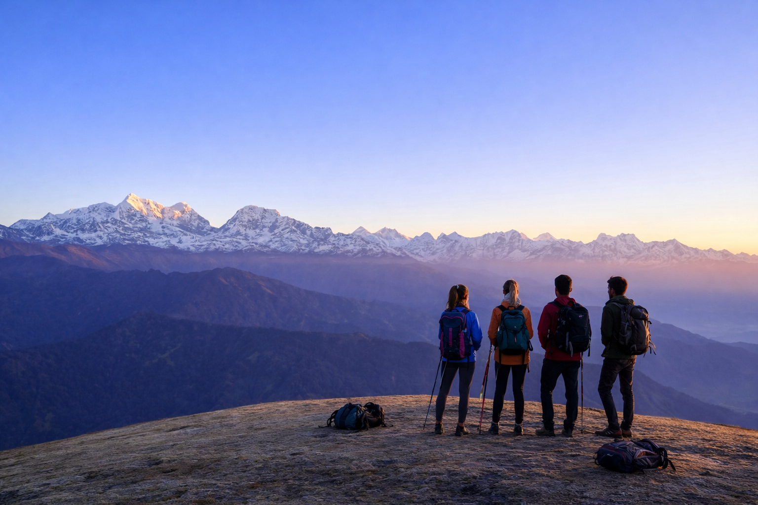 groupe de randonneurs regardant les sommets de l Himalaya au lever du soleil trek Pikey Peak Nepal