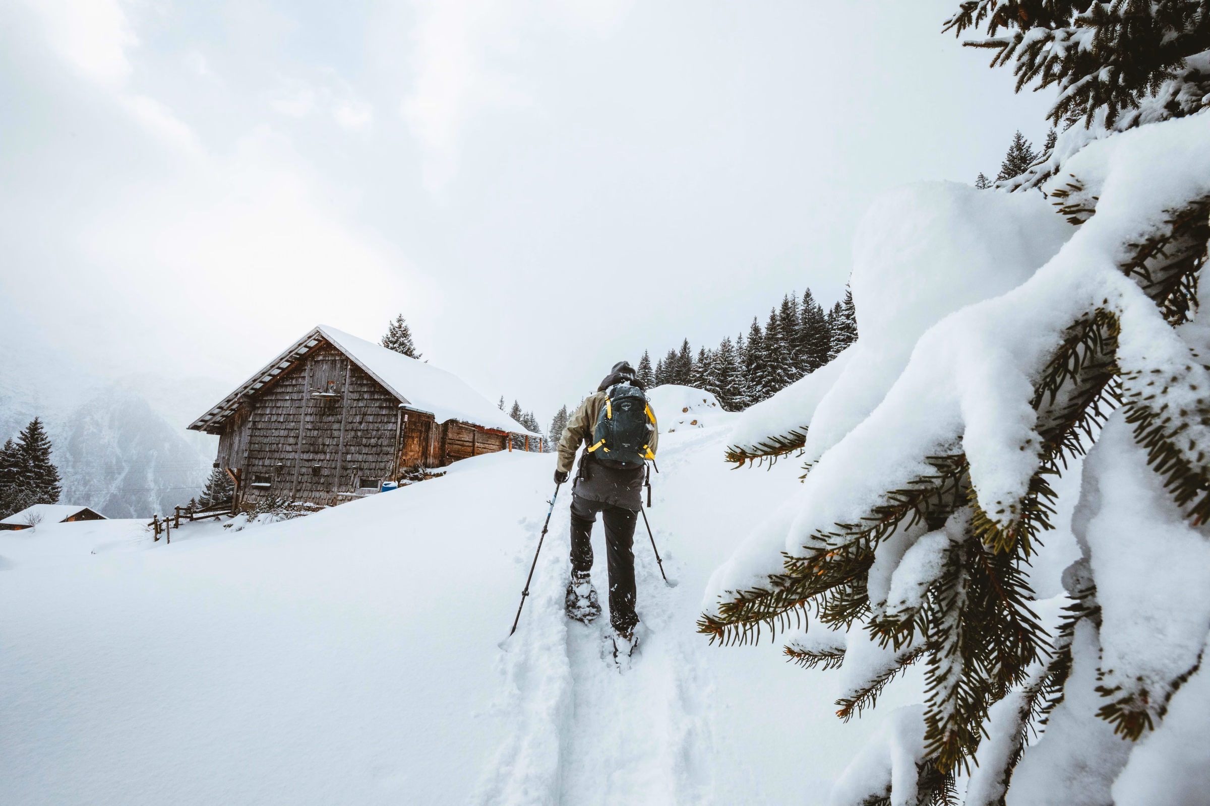 Randonneur en raquettes arrivant à un chalet dans la neige, séjour Raquettes flow.