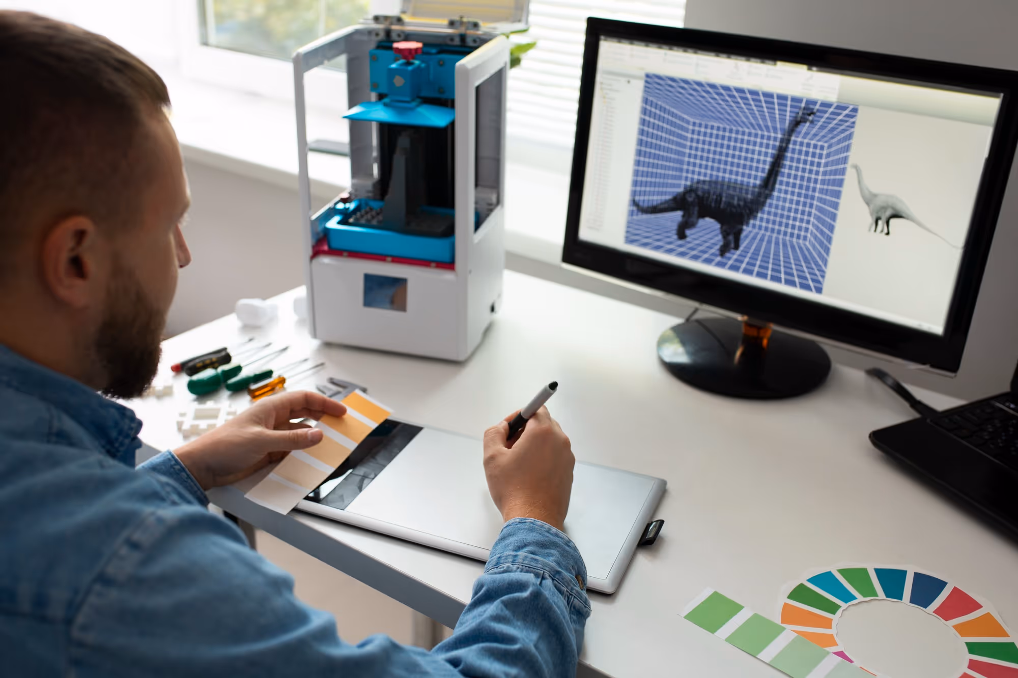 hombre creando un diseño 3d en el ordenador