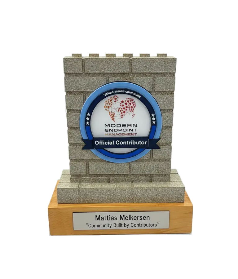 Trofeo con diseño de muro de ladrillos y placa que dice Mattias Melkersen, Contribuidor oficial en Modern Endpoint Management.