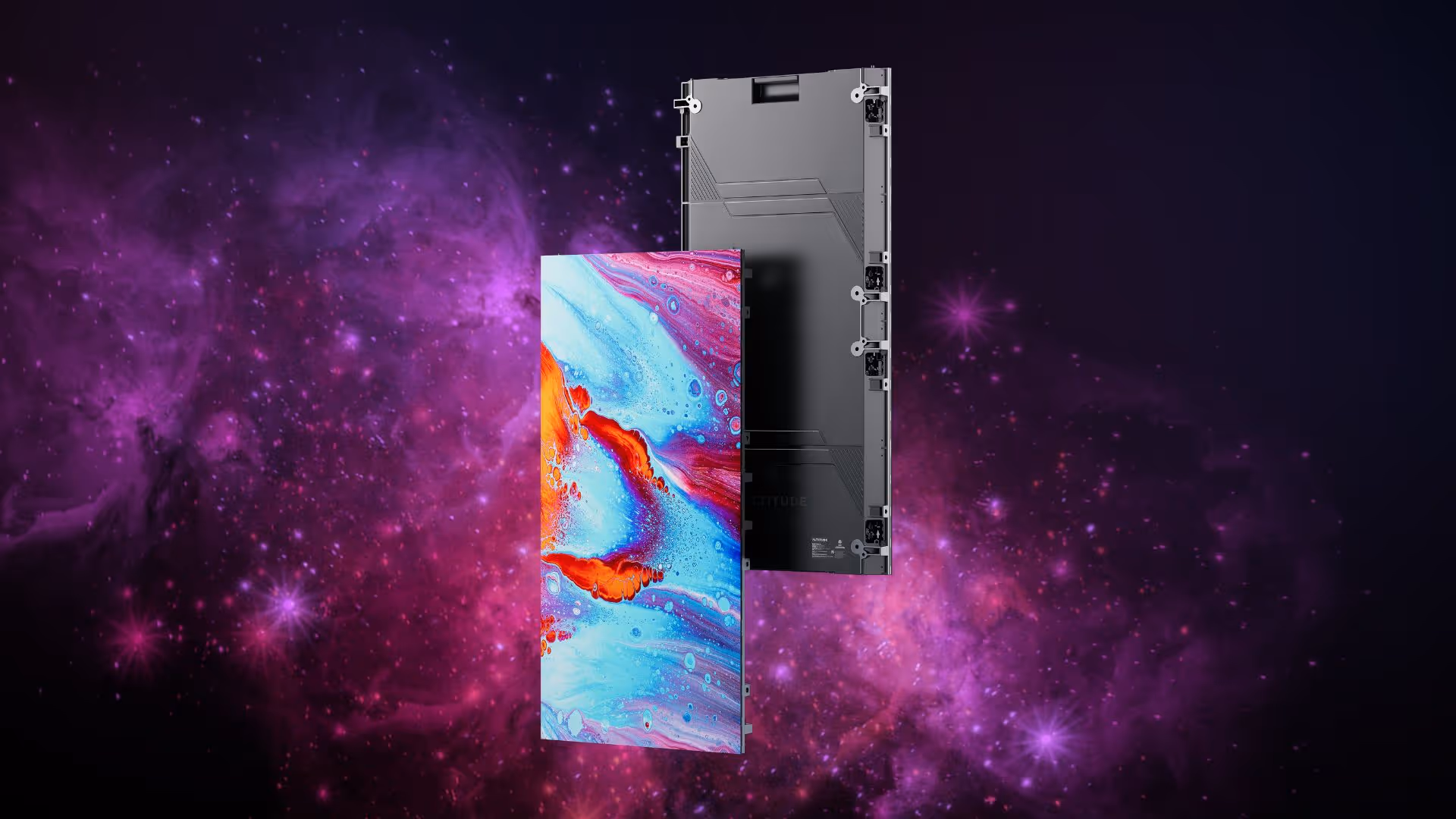 CLOUD series LED panel render on galaxy background.
