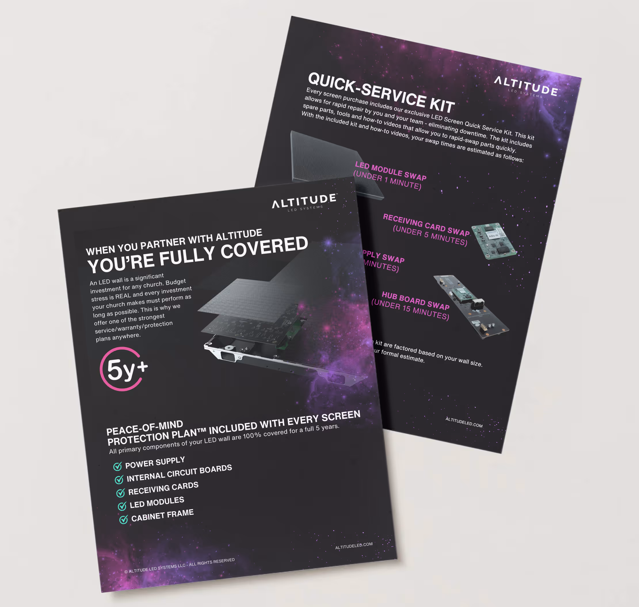 Altitude LED printed brochures and spec sheets on desk.