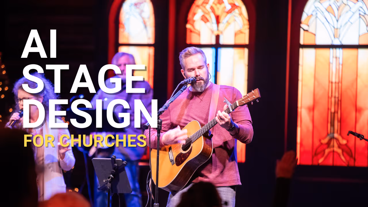 AI stage design ideas text over worship guitarist photo.