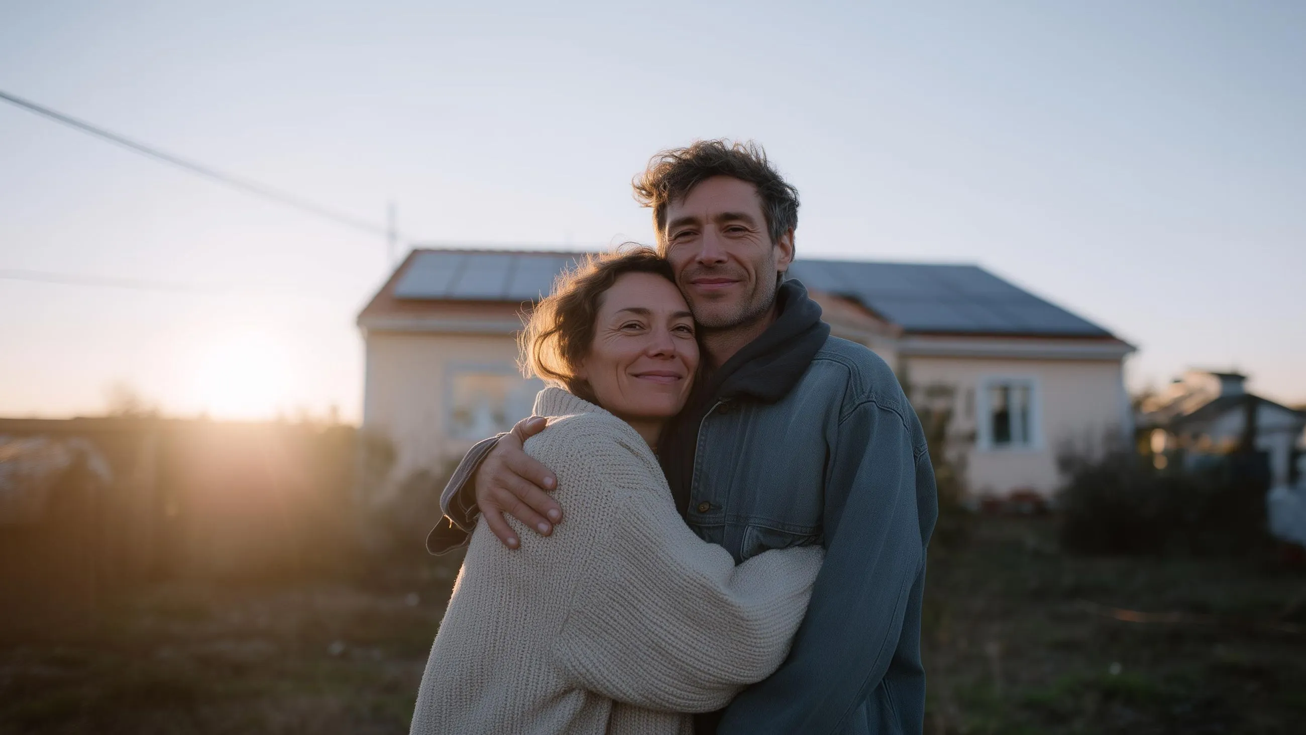 A couple stands closely embraced at sunset in front of a house with a solar panel on the roof, both smiling contentedly at the camera.