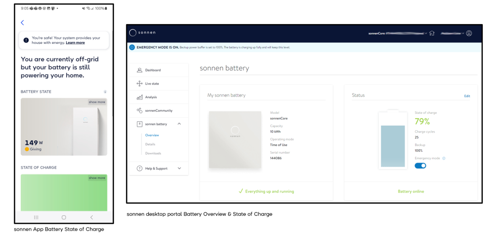 sonnen App and portal Battery State of Charge 