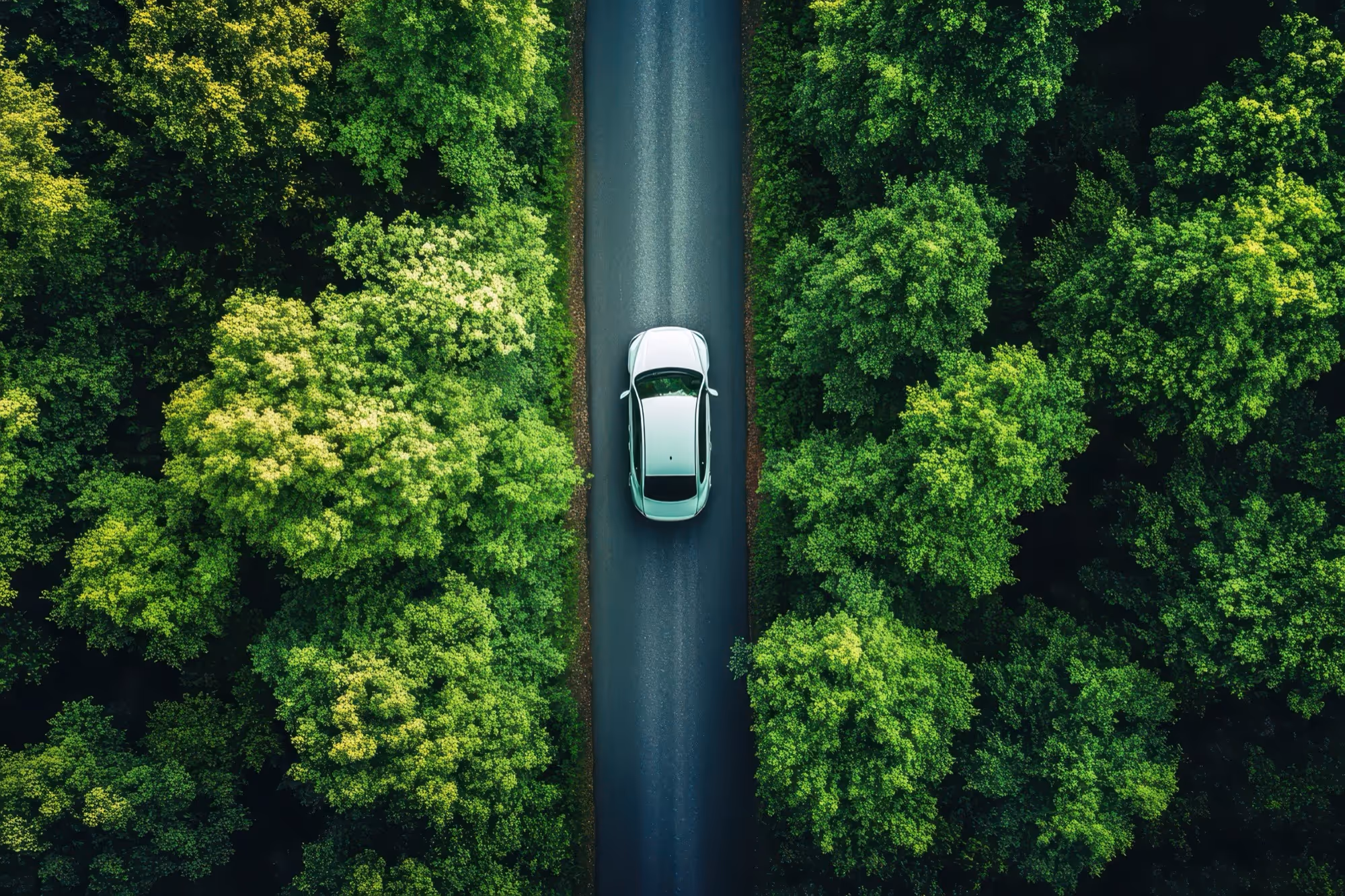 Auto bianca vista dall'alto che percorre una strada asfaltata circondata da alberi verdi.