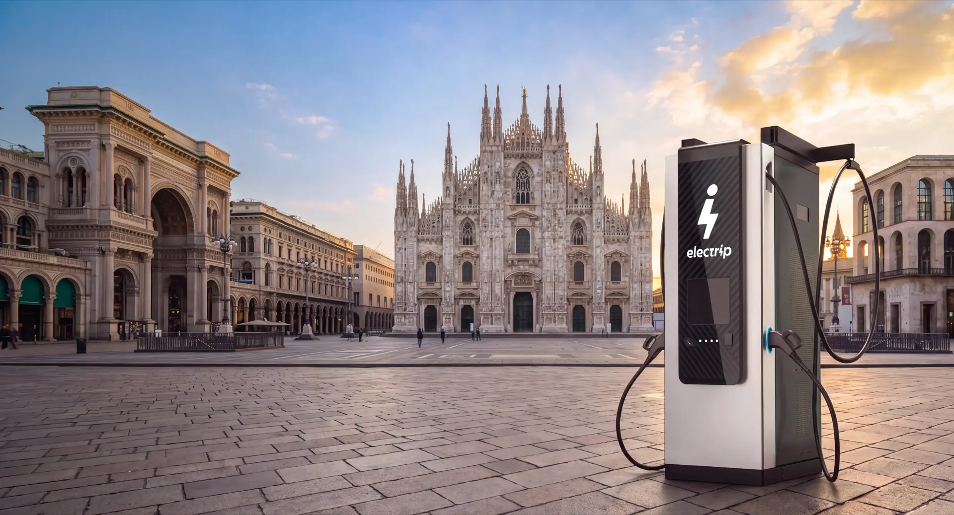 Colonnato e Duomo di Milano sullo sfondo, stazione di ricarica elettrica Electrip in primo piano.