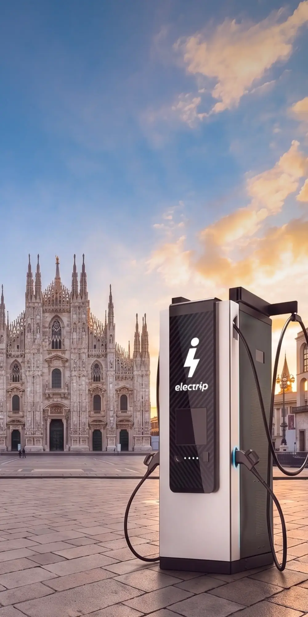 Colonnina di ricarica elettrica Electrip con Duomo di Milano sullo sfondo al tramonto.