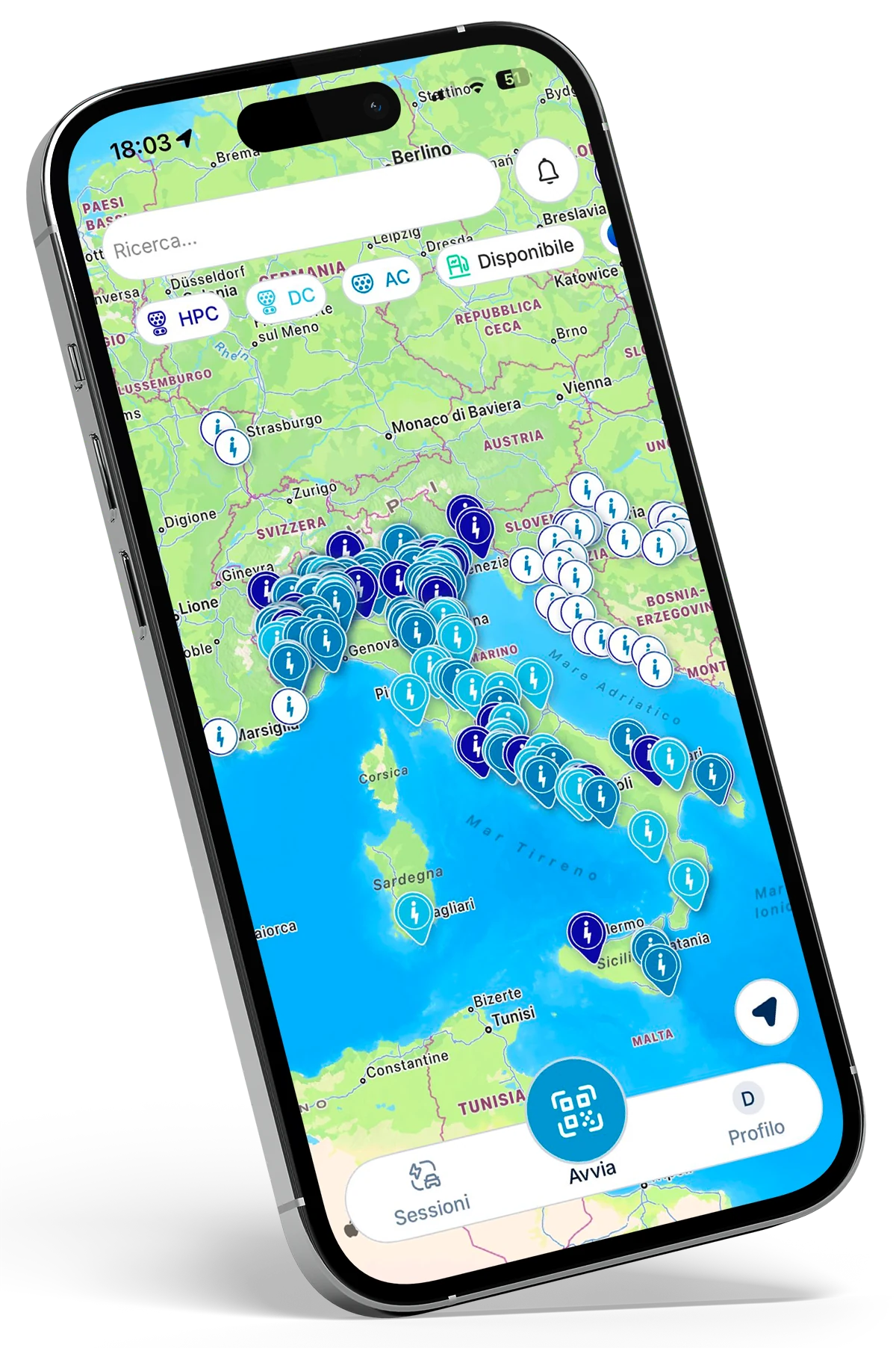 Mappa delle stazioni di ricarica Electrip nell'app in italiano