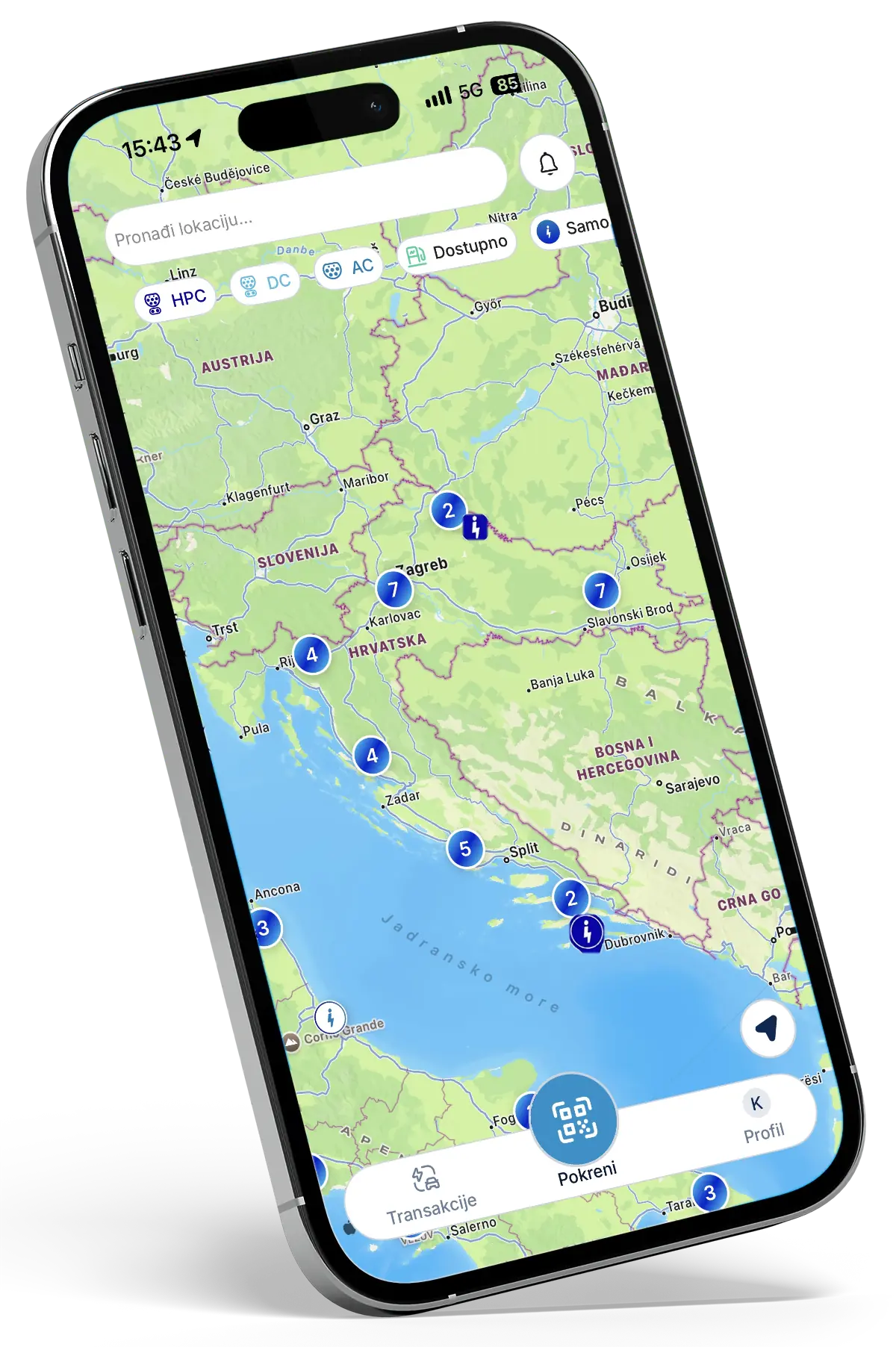 Karta Electrip punionica u Hrvatskoj u aplikaciji na pametnom telefonu