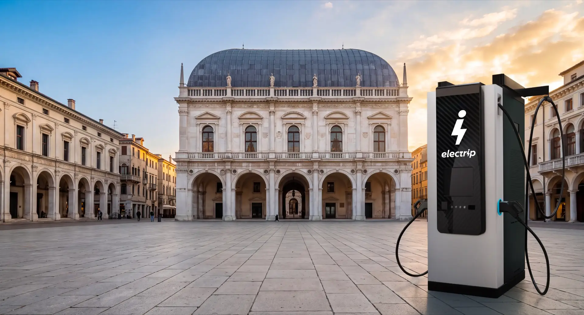 Colonnina di ricarica Electrip in piazza della Loggia a Brescia, al tramonto.