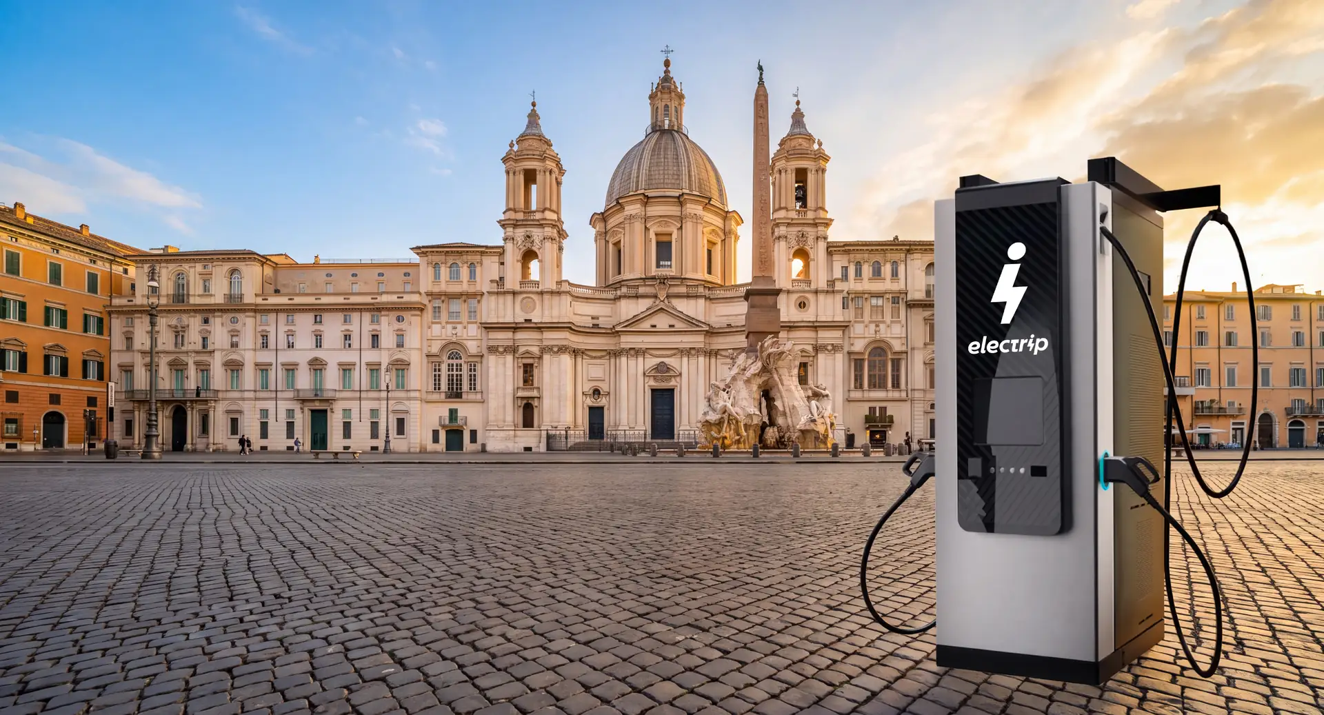 Colonnina di ricarica Electrip in piazza Navona a Roma, con Sant'Agnese in Agone sullo sfondo.