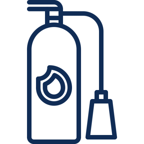 Line drawing of a fire extinguisher with a hose and a flame icon on the body.
