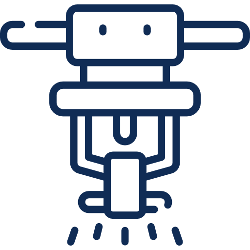 Red line icon of a fire sprinkler head with water droplets representing fire suppression.