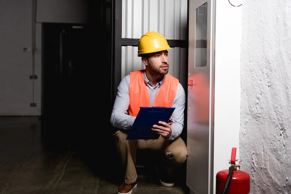 Person in navy shirt holding a red Amerex fire extinguisher with instruction label.