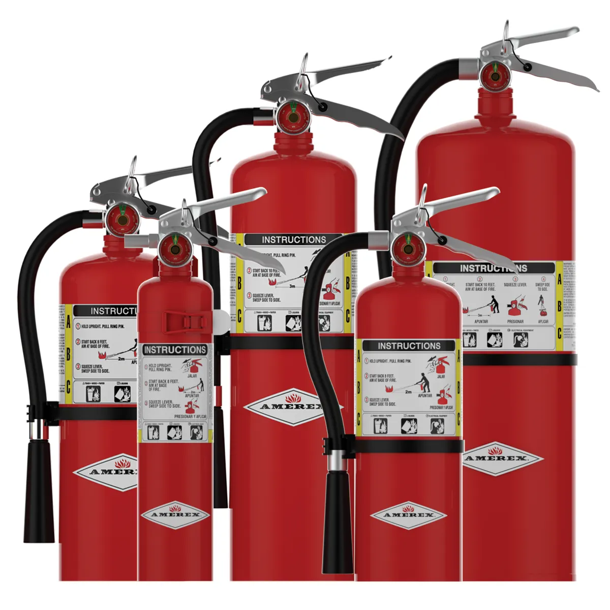 Rows of red fire extinguishers with labels in a storage area and a person handling one extinguisher in the background.