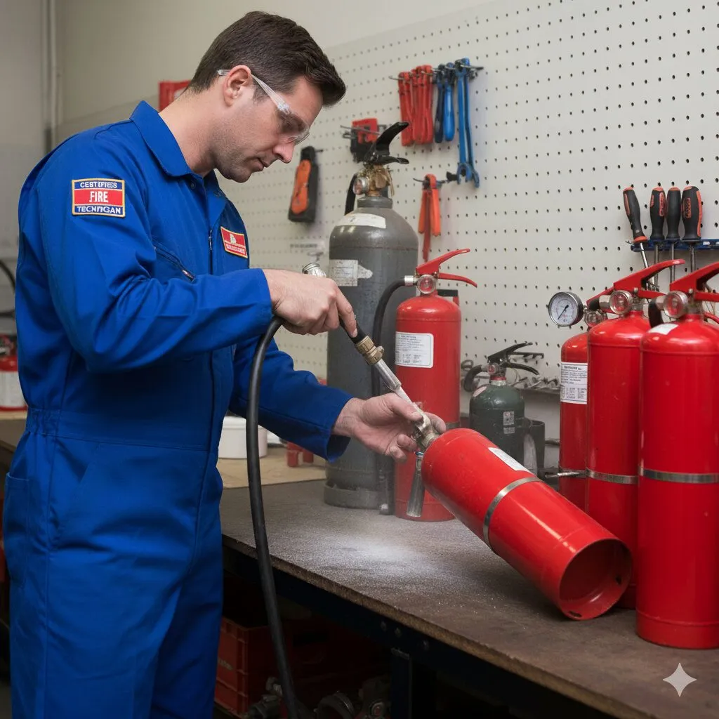 Technician in blue uniform and safety glasses inspecting and refilling a red fire extinguisher on a workbench.
