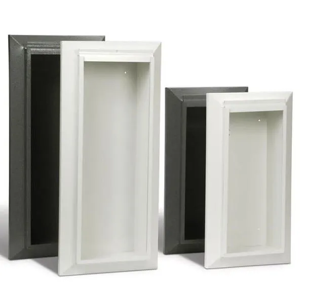 Two sets of nested rectangular metal wall niches with white front panels and black backs, in different sizes.
