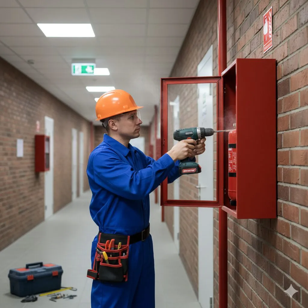 Worker in blue coveralls and orange hard hat using a power drill to fix a fire extinguisher in a red wall-mounted cabinet in a hallway.