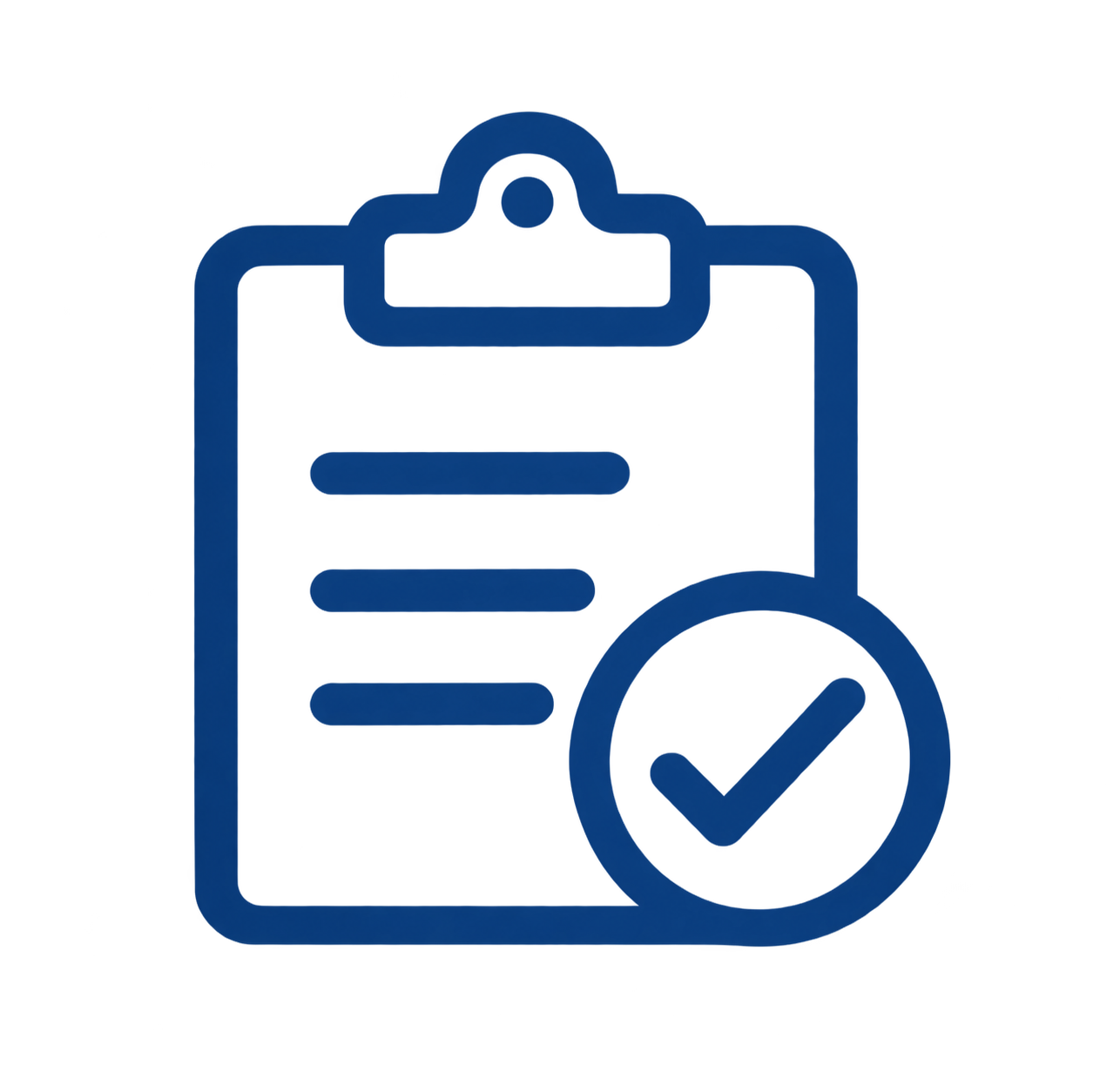 Blue clipboard icon with three horizontal lines representing text and a checkmark inside a circle at the bottom right indicating completion or approval.
