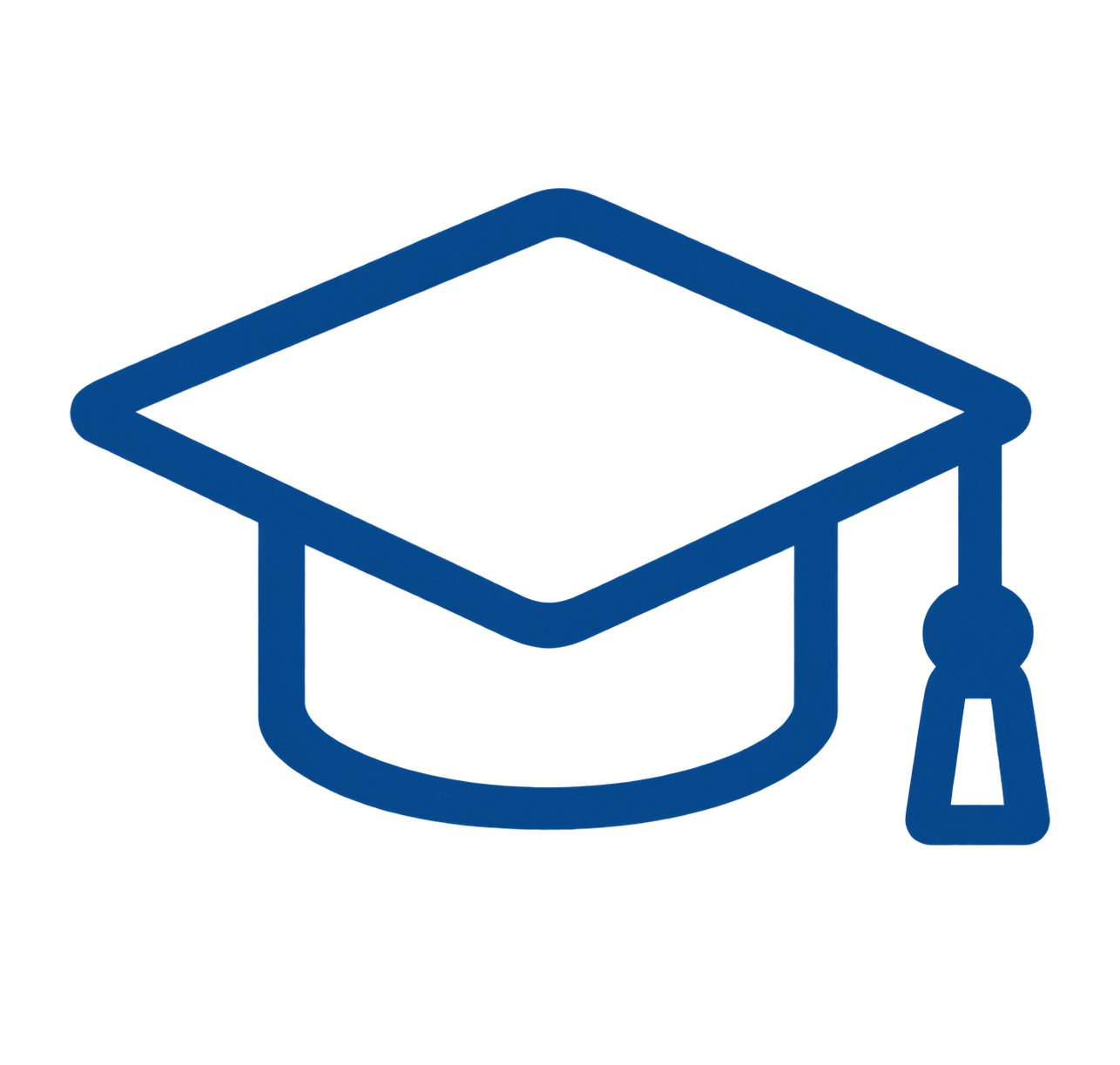 Navy blue outline icon of a graduation cap with a tassel hanging to the right.