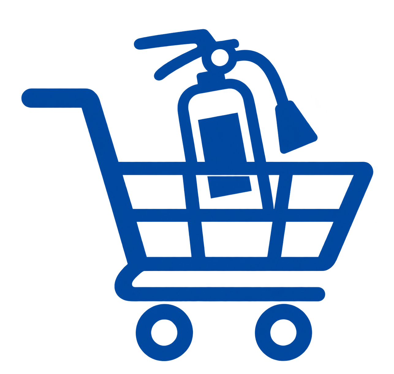 Blue shopping cart icon containing a fire extinguisher.