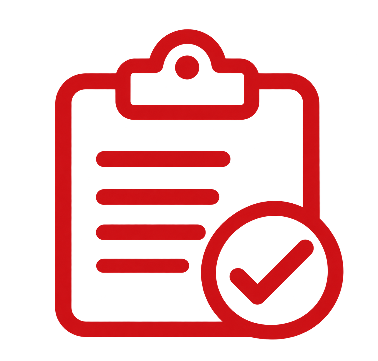 Red clipboard icon with four horizontal lines representing text and a checkmark inside a circle overlapping the bottom right corner.