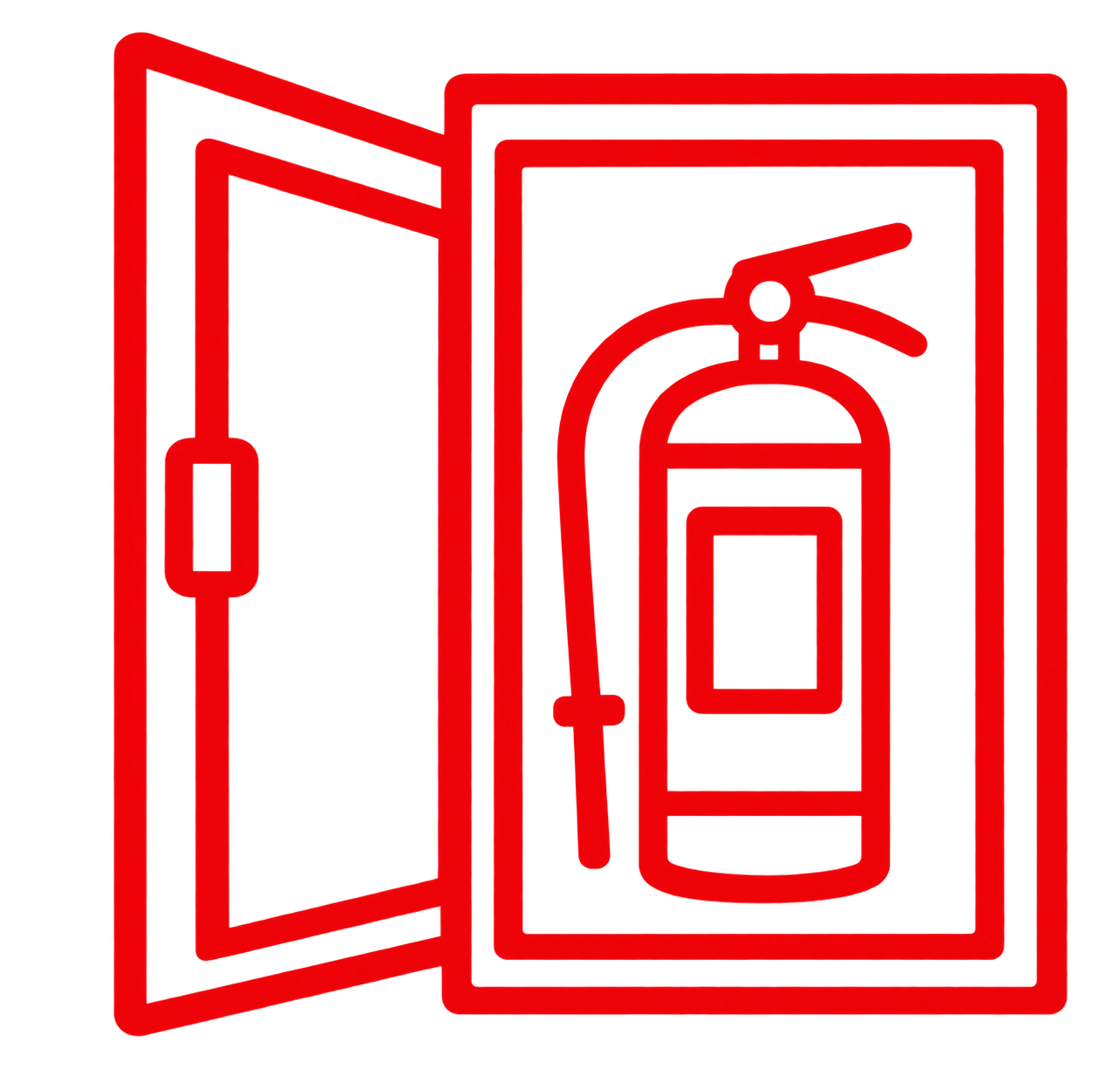 Red line drawing of an open fire extinguisher cabinet with a fire extinguisher inside.