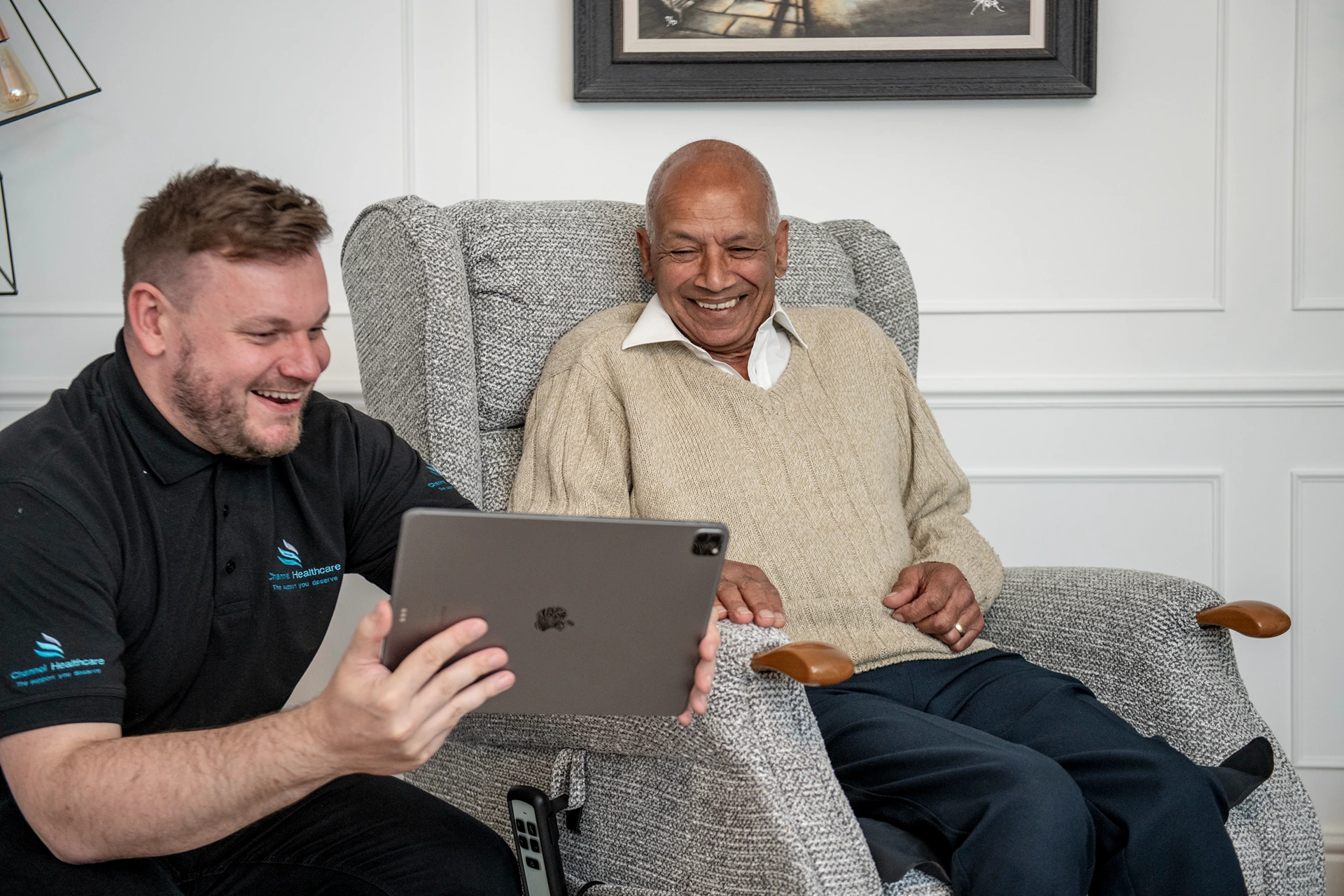 Seating specialist helping client choose a chair