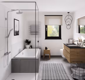Modernes Bad mit Glasdusche, Badewanne und Holzunterschrank in Grau-Weiß.