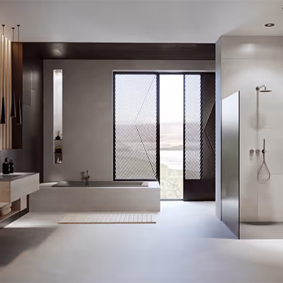 Helles, minimalistisches Bad mit freistehender Badewanne und Dusche.